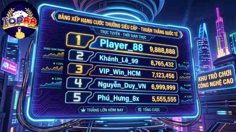 Bảng xếp hạng vinh danh cược thủ được cập nhật realtime.