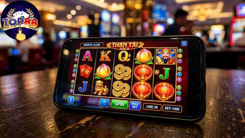 Giao diện game Thần Tài rực rỡ mang đậm chất Á Đông tài lộc.